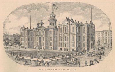 The Court-House before the Fire, trykt af Moss Engraving Co., New York, illustration fra History of Chicago vol. 2 af Alfred Theodore Andreas, udgivet 1885 af American School