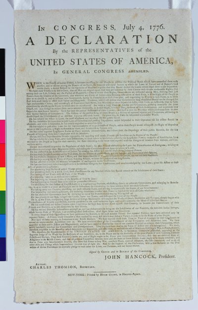 Uafhængighedserklæringen, trykt af Hugh Gaine, 1776 (trykt blæk på papir) af American School