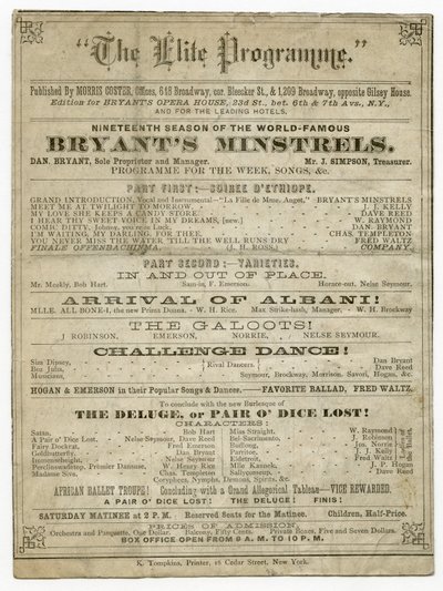 Eliteprogrammet for Bryants Opera House, udgivet af Morris Coster af American School