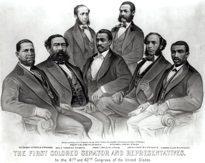 Den første farvede senator og repræsentanter, i den 41. og 42. kongres i USA, pub. af Currier og Ives, 1872 (litho) (bundt foto) af American School