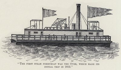 "Den første dampfærge var over, som foretog sin første tur i 1812" (litho) af American School