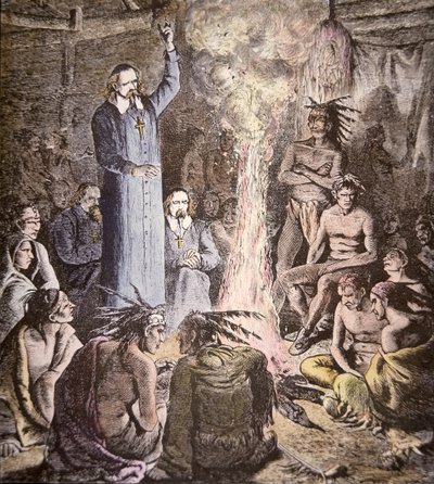 Den franske jesuitermissionær Brebeuf blandt Algonquinerne (farve litho) af American School