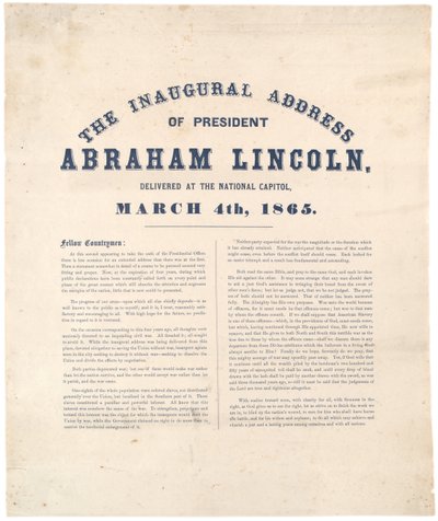 Præsident Abraham Lincolns åbningstale holdt på National Capitol, 4. marts 1865 af American School