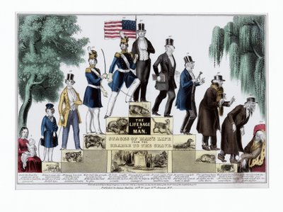 Menneskets liv og tidsalder, stadier af menneskets liv fra vugge til grav, pub. C 1848 (håndfarvet gravering) af American School