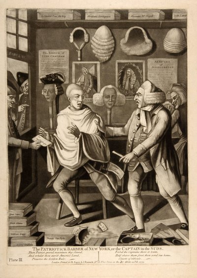 The Patriotic Barber of New York, eller Kaptajnen i skummet, pub. 1775 af American School