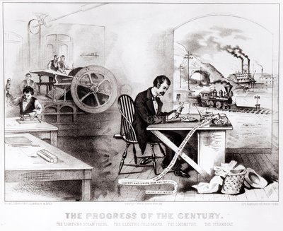 Århundredets fremskridt: The Lightning Steam Press, den elektriske telegraf, lokomotivet og dampbåden, pub. af Currier & Ives, 1876 af American School