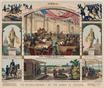 The Shackle Broken - By the Genius of Freedom, ca. 1860-1879 (farve litho) af American School