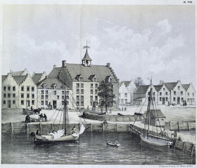 The Stadthuys of New York i 1679, Corner of Pearl Street og Coentijs Slip, fra Journal of a Voyage to New York i 1679-80 af Jasper Danckaerts (f.1639) og Peter Sluyter (1645-1722), udgivet 1867 af American School