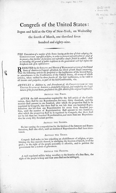 The United States Bill of Rights, afsluttet 1789 (print) af American School