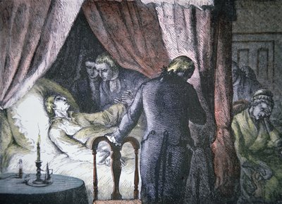 George Washingtons død ved Mount Vernon, Virginia (farve litho) af American School
