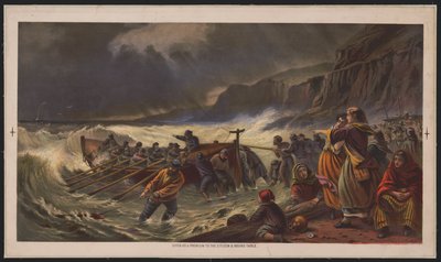 Afgangen, lancering af livsbåden, c.1878 (kromolitograf) af American School