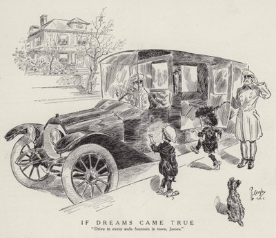 Drømmen om en ung dreng, der ønsker at blive kørt til alle byens sodavandsfontæner (litografi) af American School