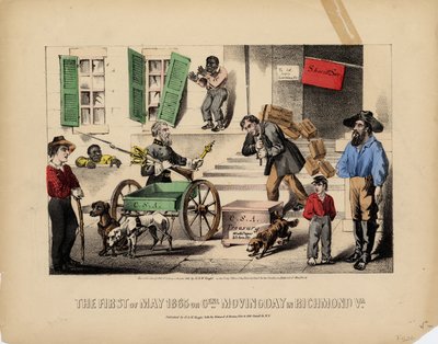 Den første Maj 1865, eller, Genl. flyttedag i Richmond Va., Lith. af Kimmel & Forster, udgivet af H. & W. Voight, New York, 1865 af American School