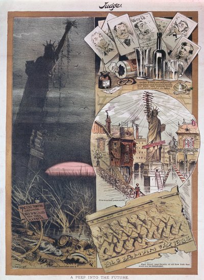 Fremtiden for Frihedsgudinden. karikatur fra Judge magazine omkring tidspunktet for dets konstruktion i 1886 af American School