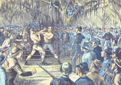 Den sidste kamp om mesterskabet i boksning med bare knojern i 1889, John L. Sullivan mod Jake Kilrain i Richburg, Mississippi (farve litografi) af American School