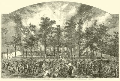 Utøjsmændene brænder det farvede forældreløse asyl, hjørnet af Fifth Avenue og Forty-Sixth Street, New York City, juli 1863 af American School