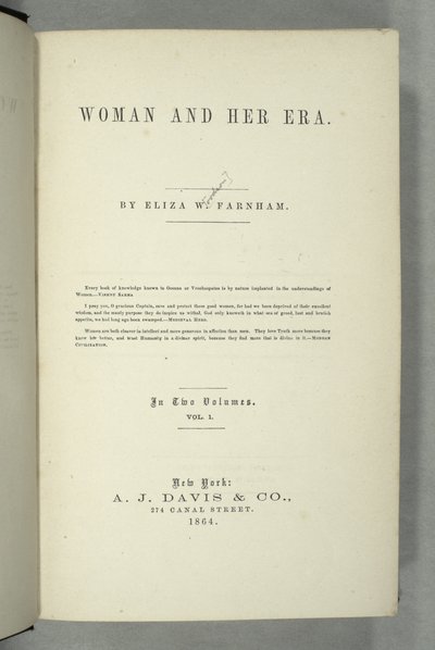 Titelblad for Women and Her Era af Eliza Wood Farnham (1815-64) udgivet i New York, 1864 (tryk) af American School