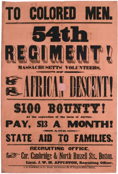 Til farvede mænd. 54. regiment! Massachusetts Volunteers, af afrikansk afstamning, 1863 af American School