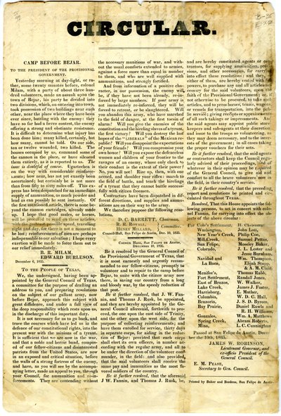 Til The People of Texas vedr.: belejring af mexicansk garnison ved San Antonio de Bexar, 10. december 1835 af American School
