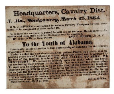 Til Youth of Alabama: Vi kalder til våben! (rekruttering bredside), 25. marts 1864 af American School
