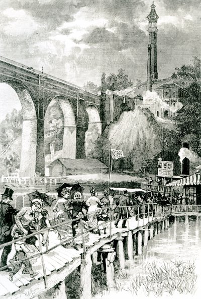 Turister vender tilbage til deres dampskib på Harlem-floden med High Bridge til venstre, indgraveret af WA Rogers for Harpers Weekly, 24. juli 1880 af American School