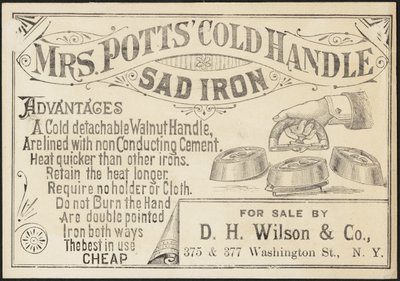 Trade card for Mrs. Potts" Cold Handle Sad Iron, ca. 1870-1900 af American School