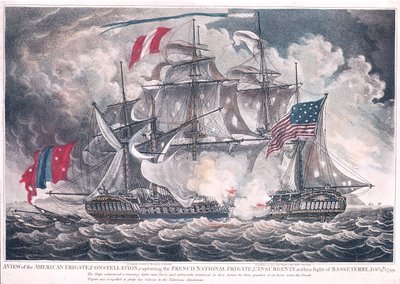 US Fregate Constellation fanger LInsurgente i Vestindien ved slaget ved Basseterre, 9. februar 1799, udgivet i 1800 af American School