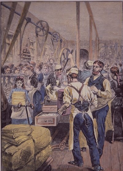 Amerikansk tekstilindustri, tekstilfabrik i nord, ca. 1870 (farvet gravering) af American School