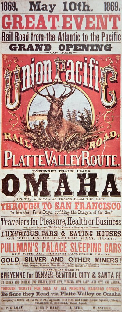 Union Pacific Railroad-plakat, der reklamerer for den første transkontinentale jernbane på tværs af USA af American School