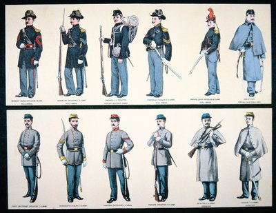 Unions- og konfødererede hæruniformer (farve litho) af American School