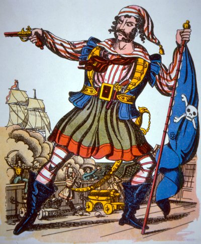 Victoriansk præsentation af en pirat (farve litho) af American School