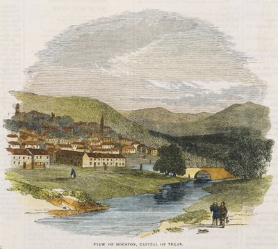 Udsigt over Houston, hovedstaden i Texas, ca. 1852 (håndfarvet trægravering) af American School