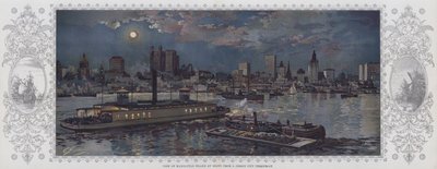 Udsigt over Manhattan Island om natten fra en færge i Jersey City (farvelitografi) af American School