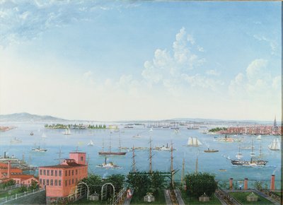 Udsigt over New York Harbour fra Brooklyn Heights, ca. 1860 (olie på linned) af American School