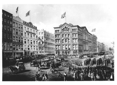 Udsigt over Printing Square i New York med hovedkvartererne for The New York Times, The Sunday Times og The Tribune af American School