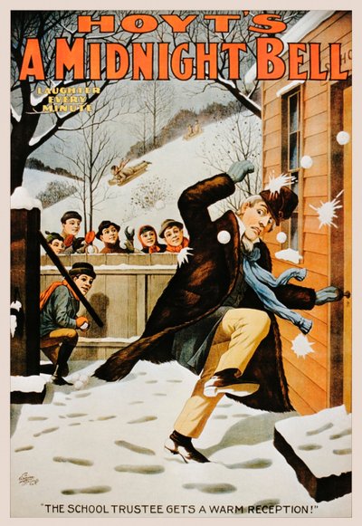 Vintage plakat af drenge, der kaster mand med snebolde, 1890-99 af American School