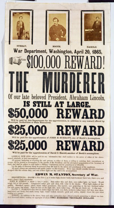 Washington War Department plakat, der annoncerer en belønning på $100.000 for at finde morderen af Abraham Lincoln, 20. april 1865 af American School