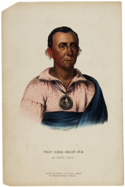 Wat-Che-Mon-Ne, Ioway-chef, tryk lavet af J. T. Bowen, illustration fra The History of the Indian Tribes of North America af Thomas L. McKenney og James Hall, ca. 1842-70 af American School