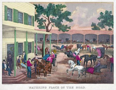 Watering Place on the Road, pub. 1870 (håndkoloreret gravering) af American School