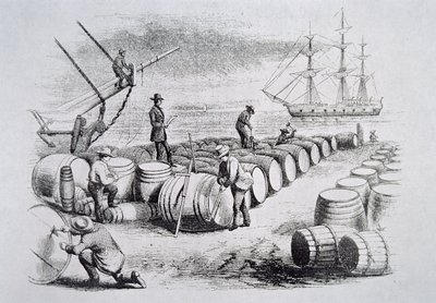 Hvalfangere, der måler olie i tønder, fra The American Whale Fishery, ca. 1850 (gravering) af American School