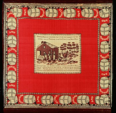 William Henry Harrison byder to gamle kammerater velkommen i Log Cabin, 1840 (silke) af American School