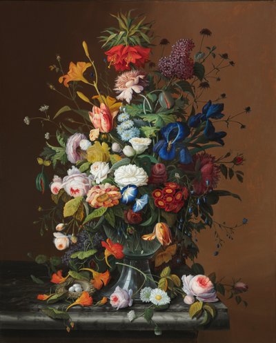 Blomsterstilleben med fuglerede af American Severin Roesen