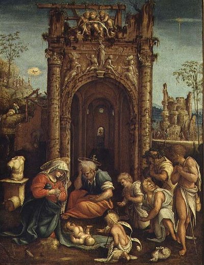 Tilbedelse af hyrderne, ca. 1530 (olie på panel) af Amico Aspertini