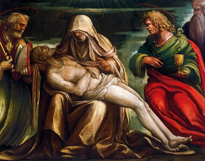 Pieta Pyhän Markuksen, Ambroseuksen, Johannes evankelistan, Pyhän Antoniuksen apotti kanssa, kirjoittanut Amico Aspertini, noin 1519, tempera kankaalle af Amico Aspertini