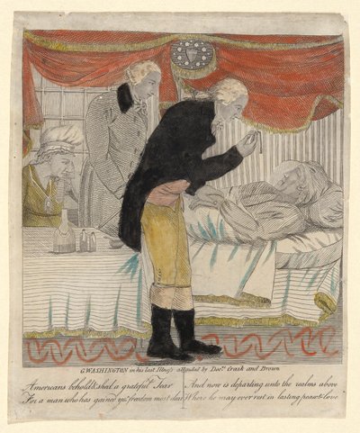 G. Washington i sin sidste sygdom, hvor lægerne Craik og Brown deltog af Amos Doolittle