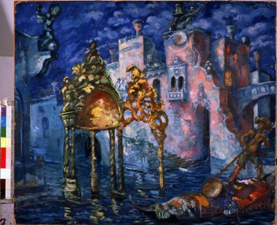 Venedig, scenografi til stykket La Locandiera af Carlo Goldoni (1707-1793) (Venedig, Scenografi til stykket La Locandiera af C. Goldoni). Maleri af Anatoli Afanasyevich Arapov (1876-1949). Gouache og pastel på pap, 86 x 100 cm af Anatoli Afanasyevich Arapov
