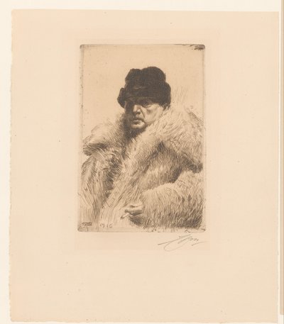 Selvportræt med pels og hat af Anders Leonard Zorn (signed by artist)