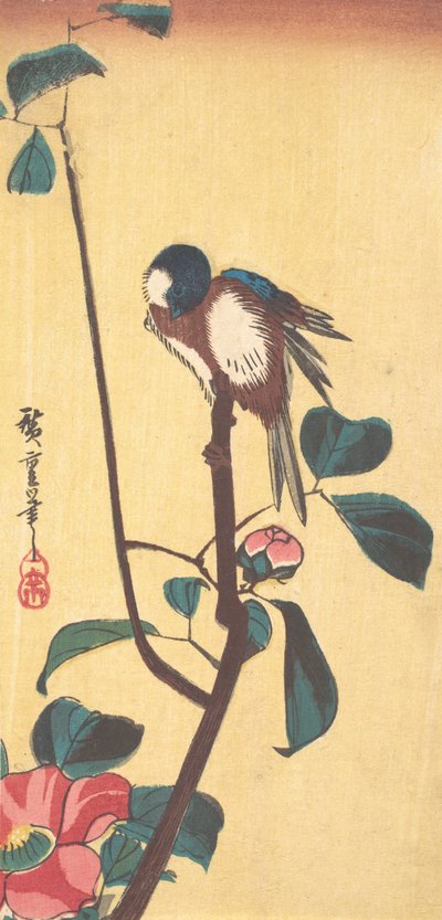 Camellia og blåhovedet fugl, ca. 1833., ca. 1833. af Ando Hiroshige