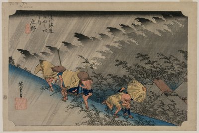 Driving Rain på Shono Station 46 fra serien Fifty-Three Stations of the Tokaido, 1833. af Ando Hiroshige
