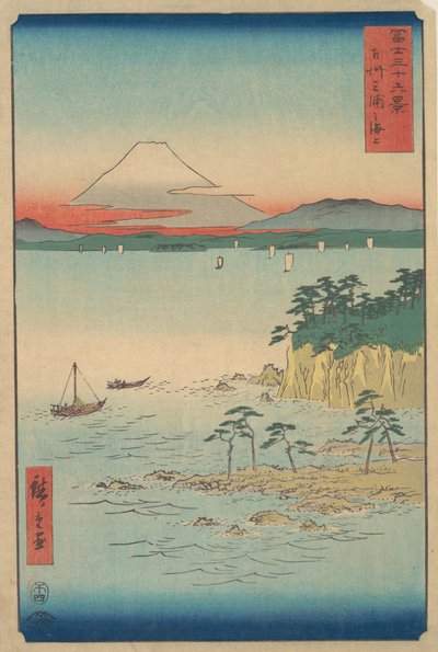 Fuji fra Miura, Sagami Soshu Miura no Kaijo, fra serien Thirty-six Views of Mount ..., 1858. af Ando Hiroshige